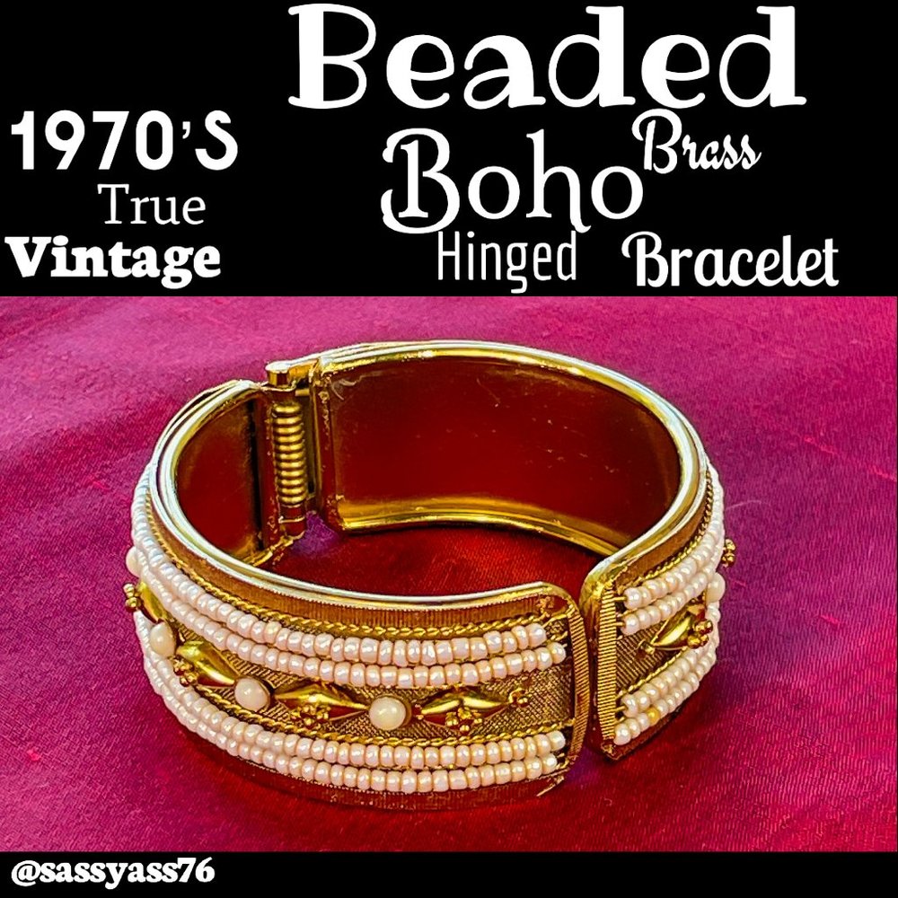 ▪️VTG▪️1970's Beaded Boho Embossed Brass Hinged Bracelet - Picture 1 of 8